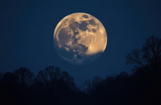 A bright full moon in a dark sky, against the background of the night starry sky at dusk. A hybrid solar eclipse. An unusual full moon in a cloudy sky. Beautiful moonlight. - Powered by Adobe