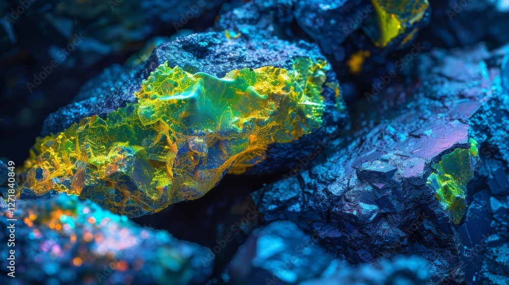 Poster In this captivating display, rocks are highlighted with brilliant yellow and blue colors, revealing complex mineral formations. The unique textures and colors create a stunning visual effect.