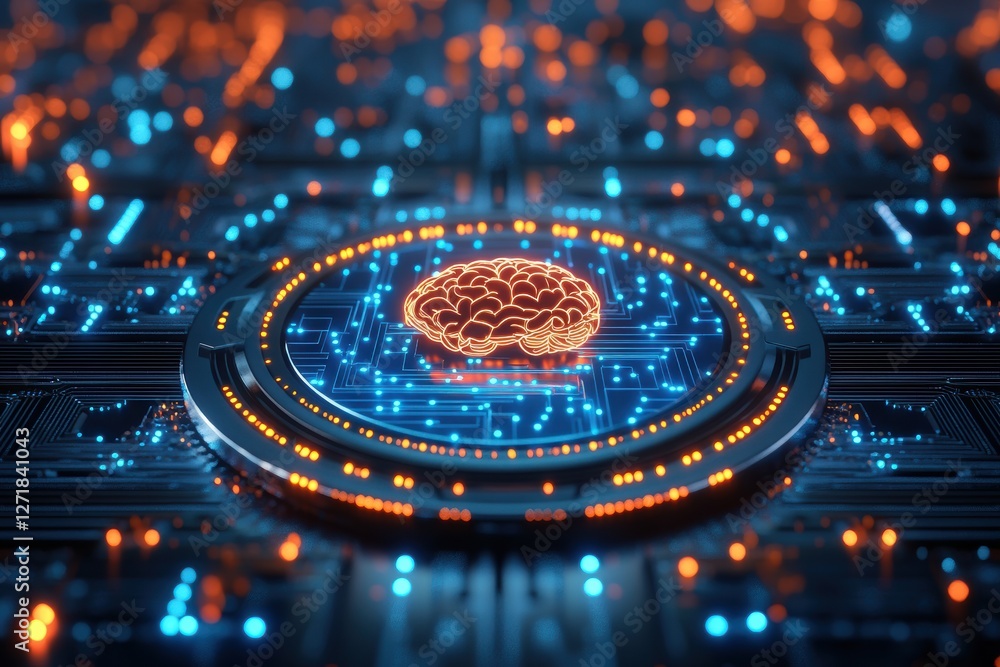 Poster Glowing brain emerging from futuristic circuit board symbolizing artificial intelligence