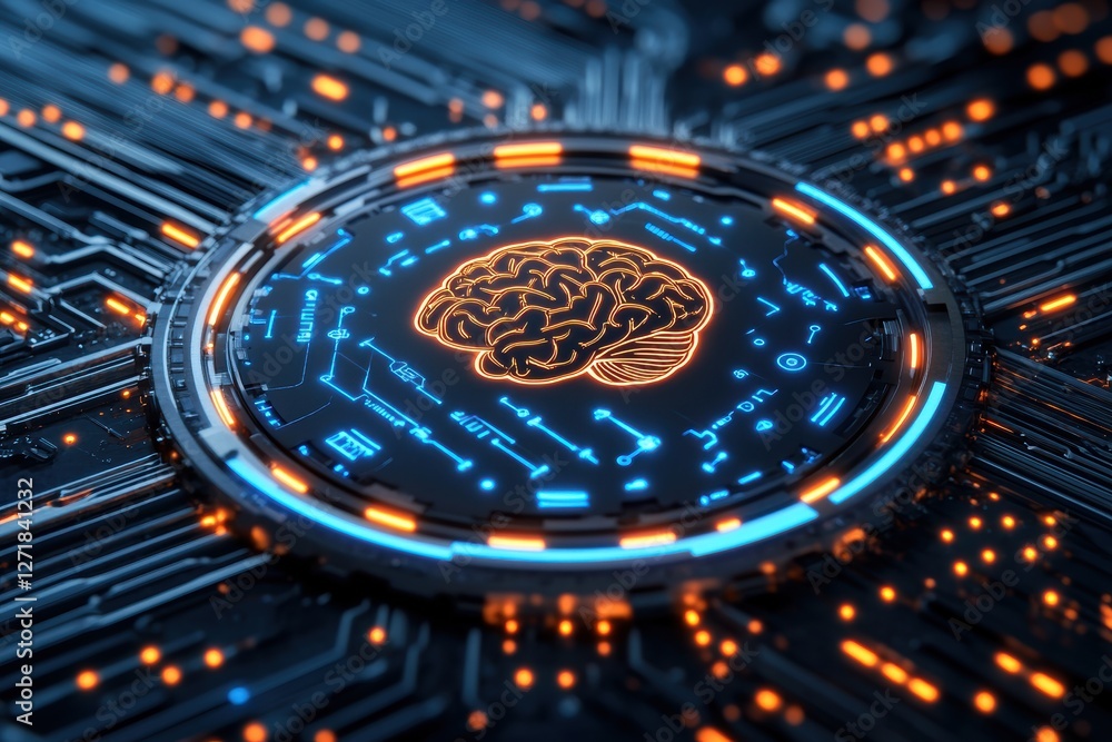 Poster artificial intelligence brain glowing inside printed circuit board