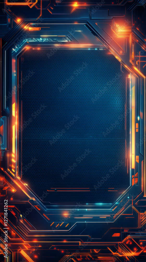 Poster glowing orange-blue frame illuminating honeycomb technological surface, representing advanced digita