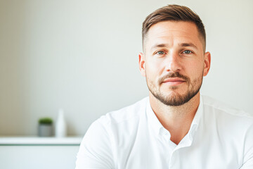 Fototapeta premium Young man lifestyle portrait in neutral indoor setting photography