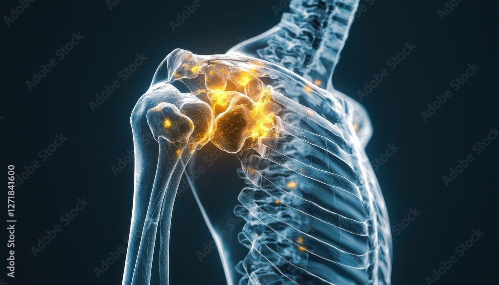 Poster a skeleton with a shoulder and arm showing a bone with a red glow