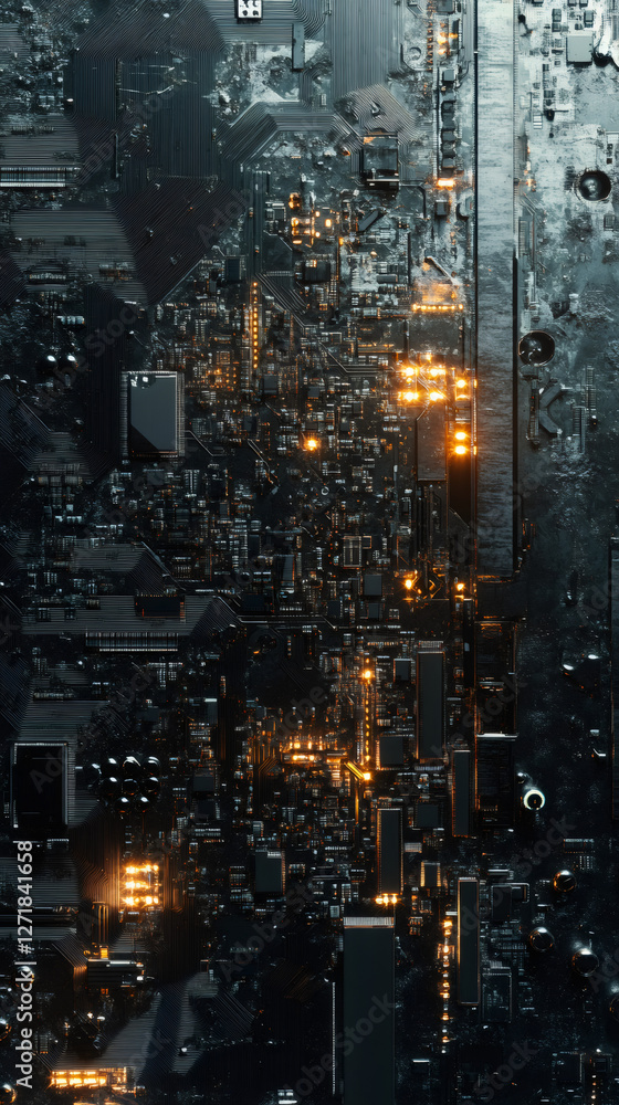 Aufkleber detailed electronic circuit board with glowing components, revealing complex interconnections and cu