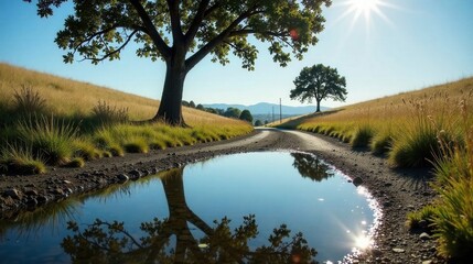 Serene Country Road Reflecting in a Puddle, Flanked by Lush Grass and Majestic Trees Under a Bright Sun