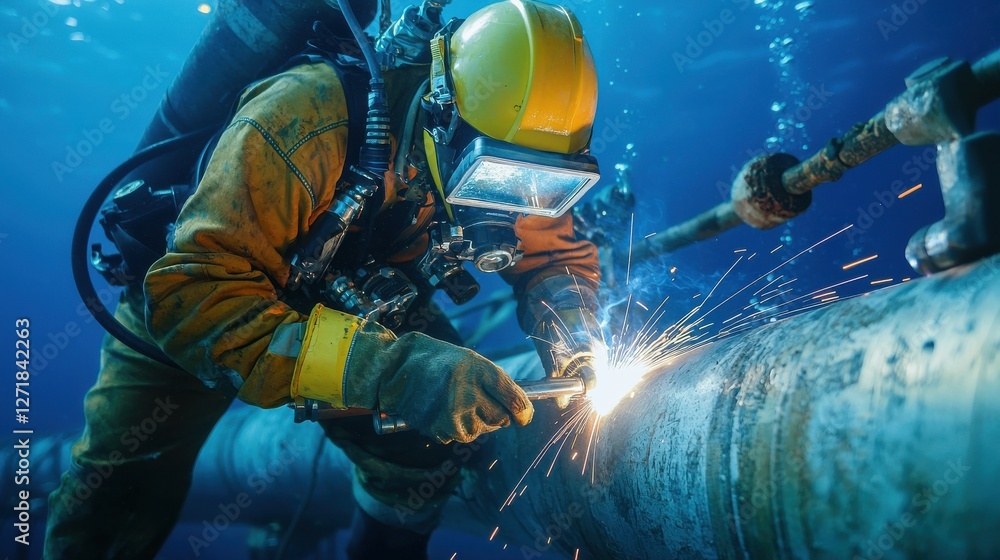 Poster a man in a yellow helmet is working on a pipe underwater