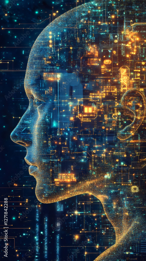 Aufkleber digital human face emerging from interconnected electronic circuits, representing technological conv