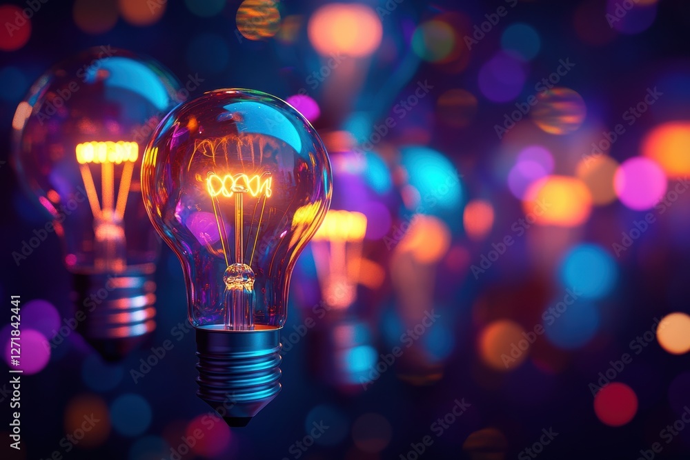 Poster bright light bulbs shining on a colorful bokeh background