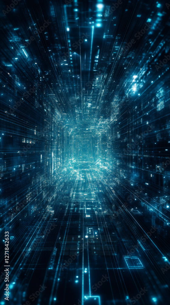 Aufkleber Digital data streaming through illuminated blue network pathways, representing global connectivity