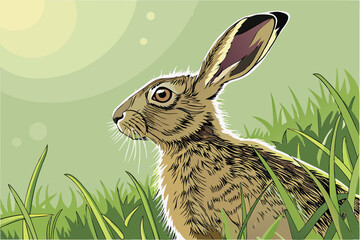  Photorealistic rabbit, vibrant green grass, soft bokeh background, bright sunlight, spring meadow, long ears, alert expression, close-up portrait, sharp focus, high detail, nature photography, shal