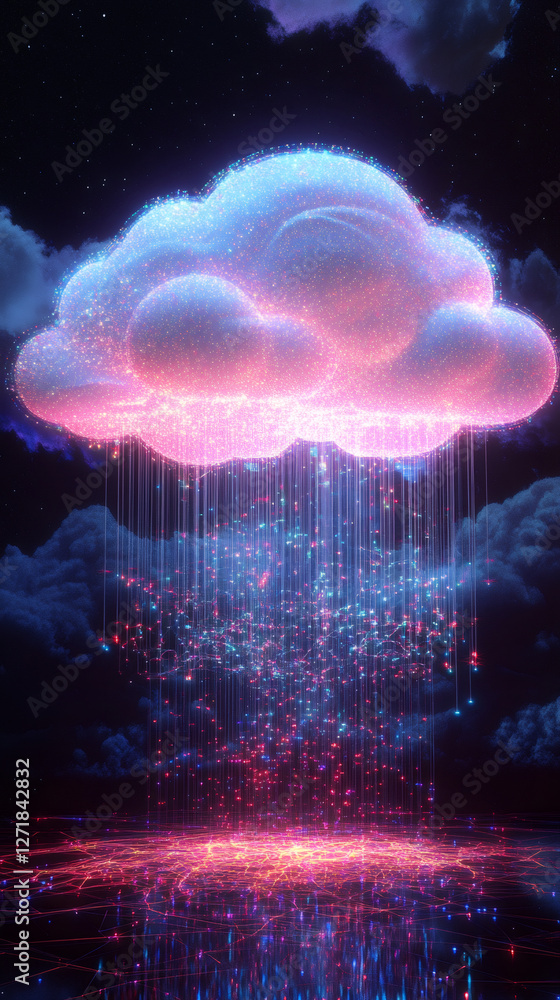 Poster Pink and blue cloud raining data over a network at night, symbolizing cloud computing and data storage
