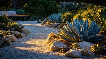 Sunset garden path, succulents, bench, rocks, tranquility