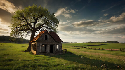 Obraz premium A solitary house nestled in a lush green field, bathed in the warm glow of golden hour. An abandoned, quaint home standing quietly in a pastoral landscape beneath a dramatic, cloud-filled sunset sky.