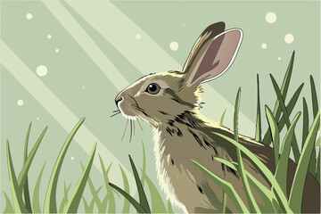  Photorealistic rabbit, vibrant green grass, soft bokeh background, bright sunlight, spring meadow, long ears, alert expression, close-up portrait, sharp focus, high detail, nature photography, shal