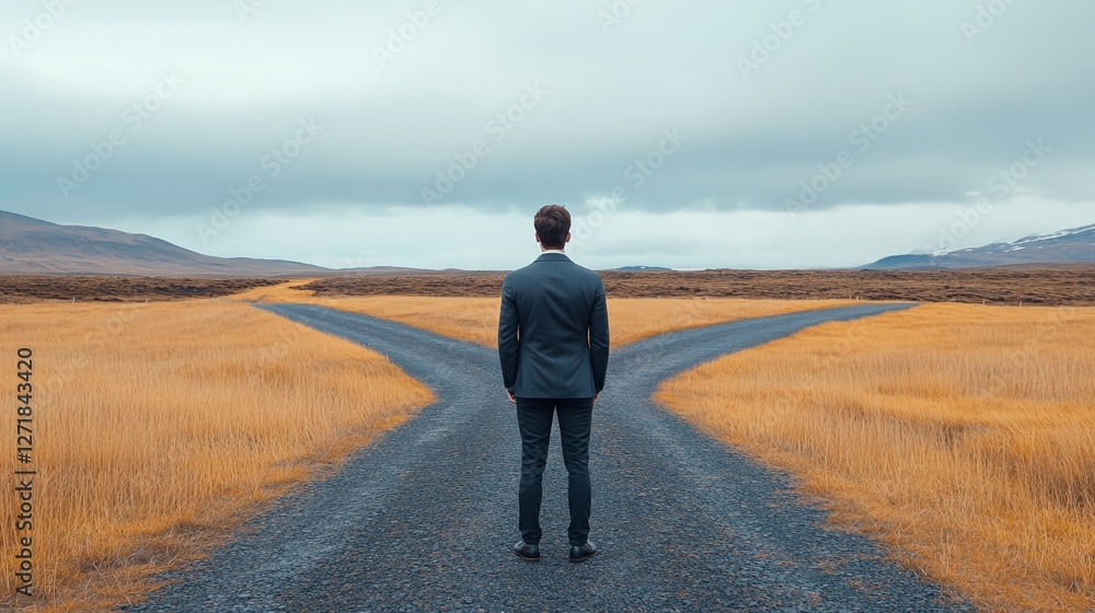 Poster businessman standing at a crossroads, choosing between two different paths through a barren landscap
