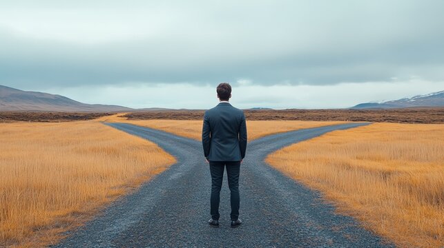 Businessman standing at a crossroads, choosing between two different paths through a barren landscape, symbolizing the difficult decisions and challenges in business and career