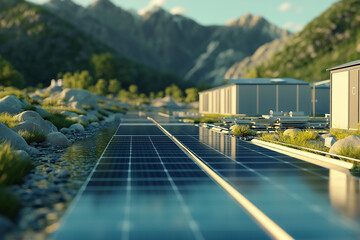 Energy storage grid sustainability. A solar farm illustration showcasing energy storage capabilities.