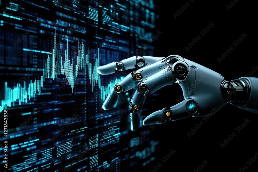 Poster robot hand analyzing stock market data on digital screen