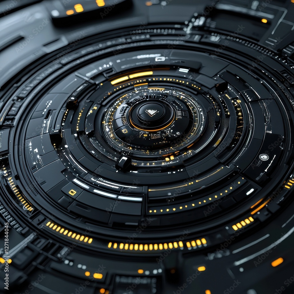 Poster a black and yellow circle with many small squares and circles inside of it