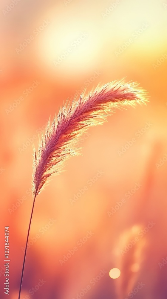 Poster gentle light from a setting sun illuminating a single grass blade, creating a warm and peaceful atmo