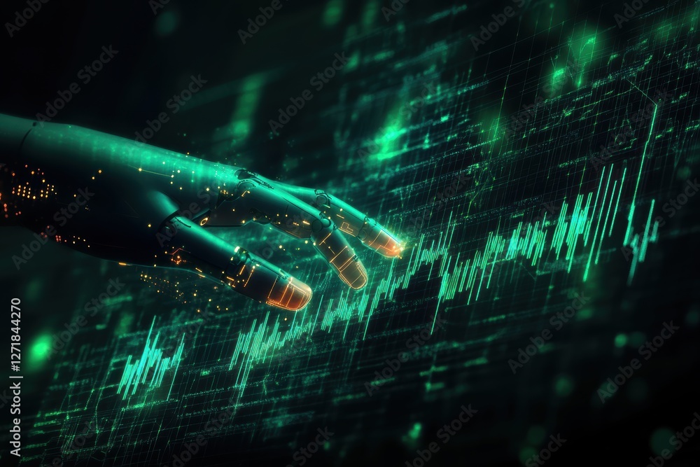 Poster robot hand analyzing glowing financial charts in virtual space