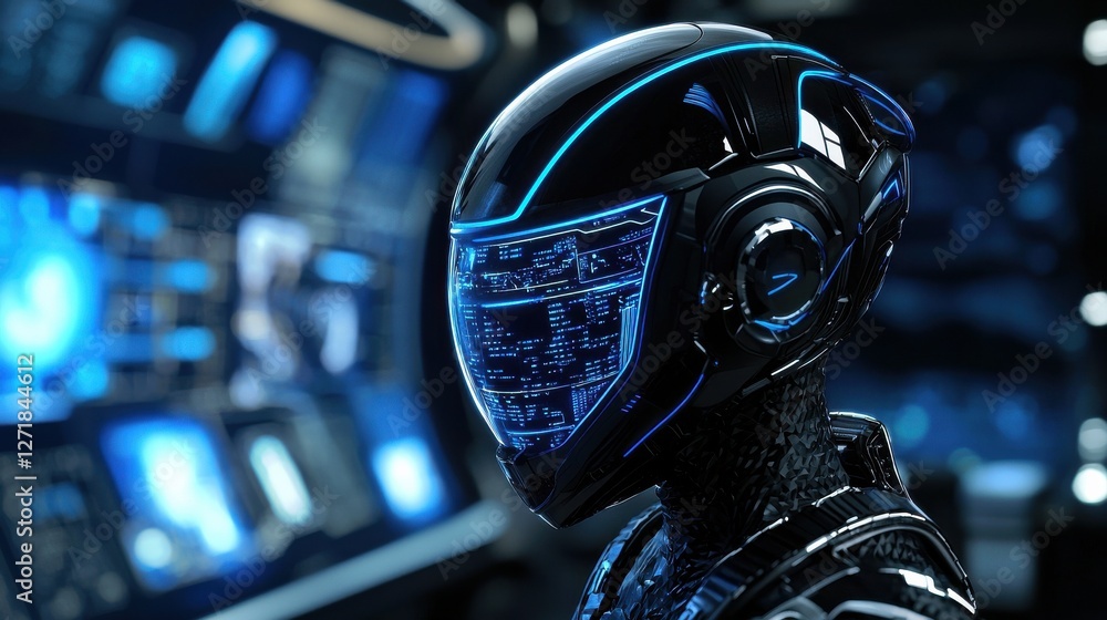 Aufkleber a man in a black helmet with blue lights on it is standing in front of a compute