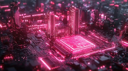 Futuristic city motherboard, glowing circuits, urban landscape, digital technology