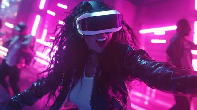 A woman engages in a virtual reality concert while donning a VR headset