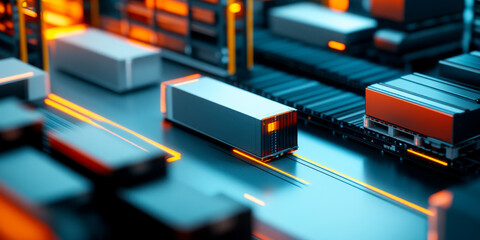 Fototapeta premium A vibrant, close-up view of cargo containers and trucks in a modern logistics hub, illuminated by warm lights and emphasizing efficient transport and storage.