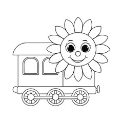 A sunflower shaped train car with smiling petals for kids to color.