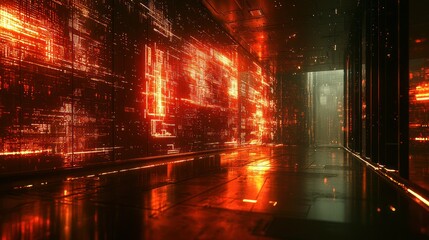 Futuristic server room hallway with glowing data displays