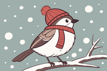  Adorable fluffy bird, red knit hat and scarf, winter scene, snowy background, bokeh snowflakes, soft lighting, high detail, photorealistic, studio quality, cute animal portrait, whimsical, heartwar