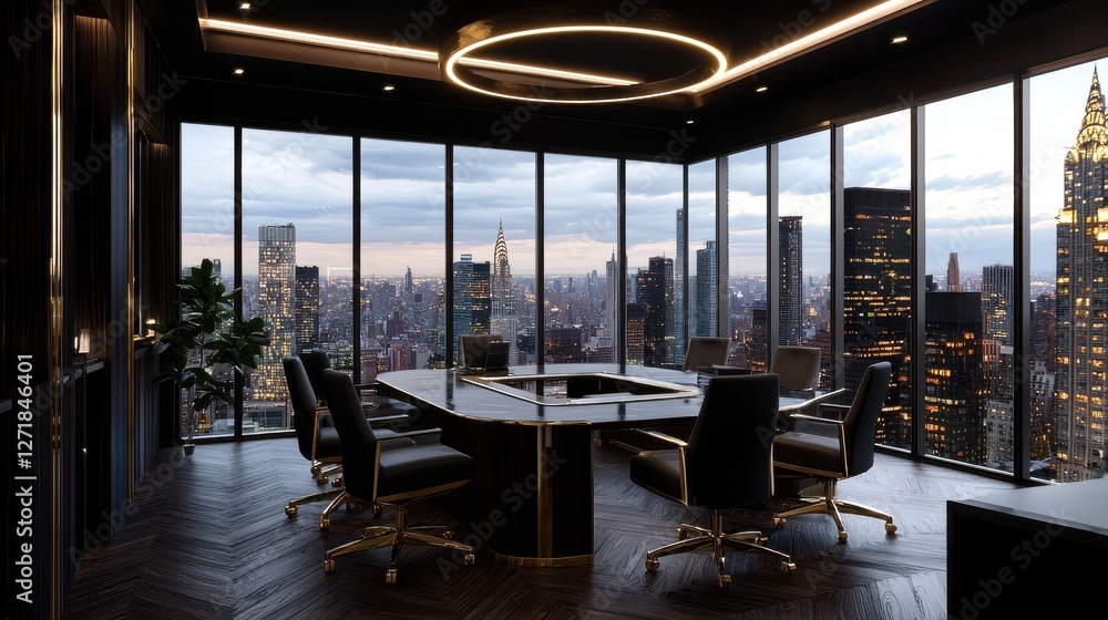 Poster a large conference room with a round light fixture in the center