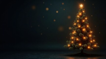Illuminated Evergreen Tree with Star on Top, Glowing Warmly Against a Dark Background