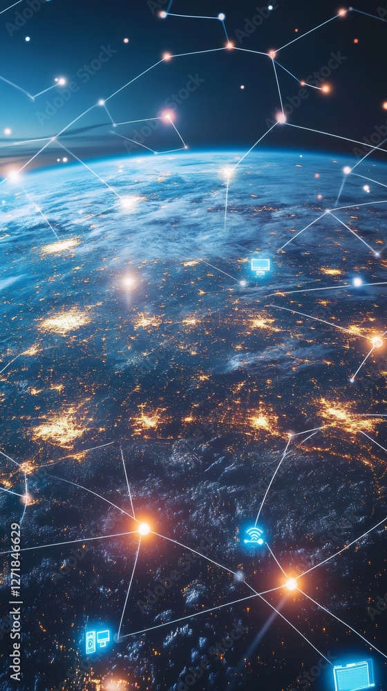 Poster Network and nodes connecting planet Earth, representing global communication and internet of things with glowing lines and city lights