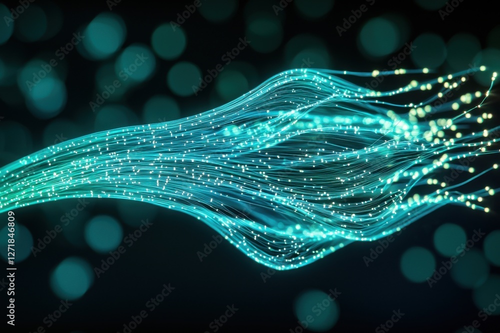 Poster fiber optic cables. abstract glowing lines with light particles on a dark background, creating a sen