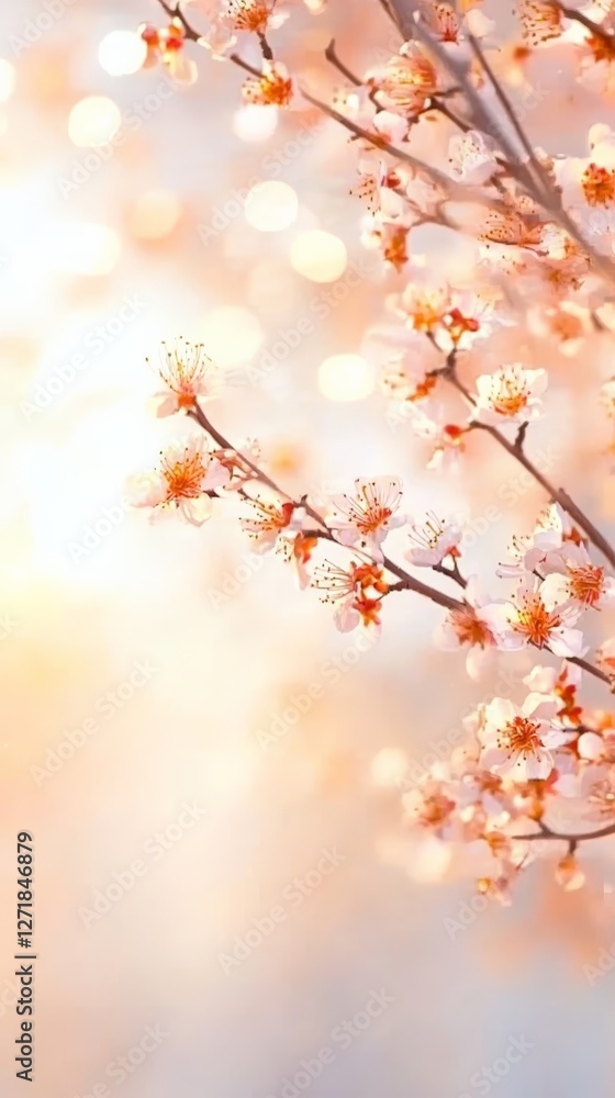 Poster Cherry tree branches adorned with delicate pink blossoms basking in warm spring sunlight, creating a dreamy bokeh effect that captures springtime's essence