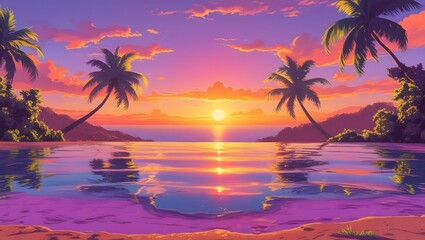 Obraz premium Serene Sunset Paradise: Vibrant Tropical Beach Scene with Palm Trees and Ocean Reflection
