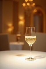 A single glass of sparkling wine rests elegantly on a pristine white tablecloth, bathed in the warm glow of ambient lighting, creating a sophisticated and inviting atmosphere.