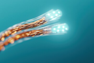 Fiber optic cables. Close-up of glowing fiber optic cables with a turquoise background.