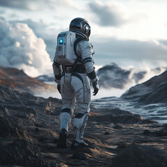 Obraz premium *Exciting image of an astronaut walking on an alien planet with a futuristic space suit, exploring unknown terrain and scanning the environment with high-tech instruments* 