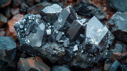 Sharp edged mineral crystals shine brightly, reflecting natural light while positioned among varying shades of dark stones. The intricate details highlight the mineral's unique structure.