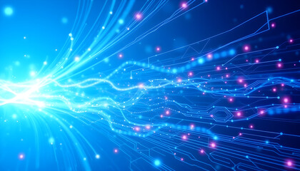 Digital network design with radiating blue light and particles, evoking interconnectedness, technology, and data transfer