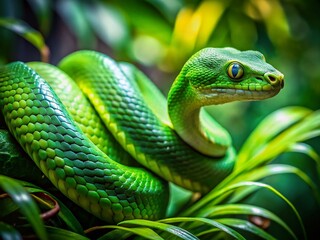 Emerald Serpent: Long Exposure Green Snake in Lush Foliage
