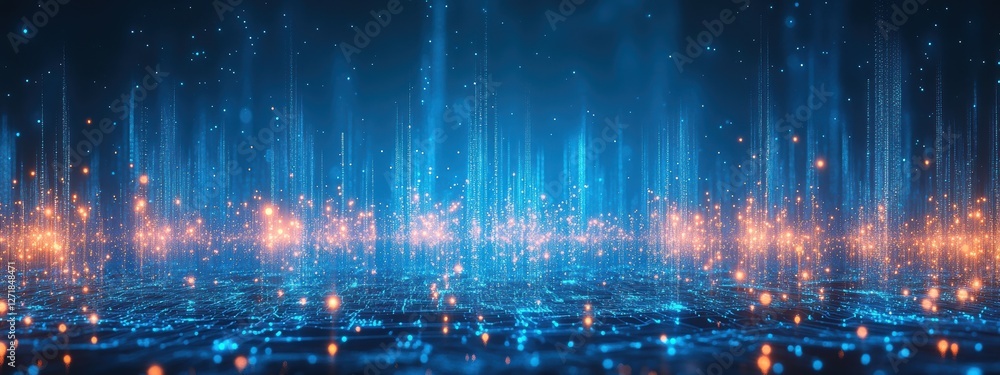 Poster futuristic cityscape glowing with data flowing in cyberspace