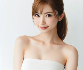 白いチューブトップの美女
