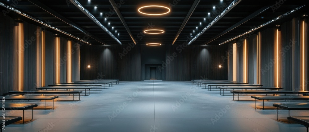 Poster a large empty room with a circular light fixture in the center