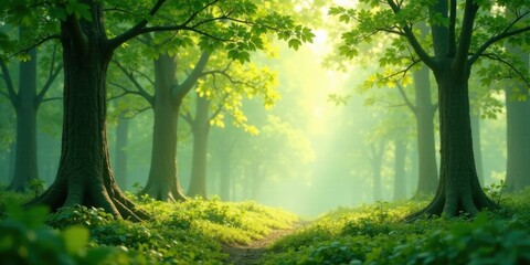 Fototapeta premium Serene Path Through a Sunlit Forest of Lush Green Trees and Undergrowth