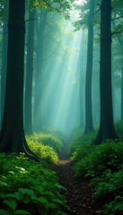 Obraz premium Misty woodland with foggy tree trunks and misty undergrowth, evergreen, greenery