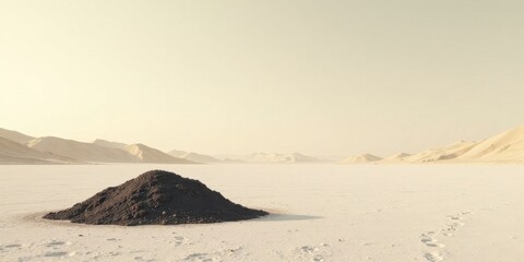 A solitary pile of dark earth rests on a vast, sun-drenched salt flat, distant pale dunes forming a serene backdrop.